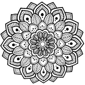 Mandala with thick lines and symmetrical leaves